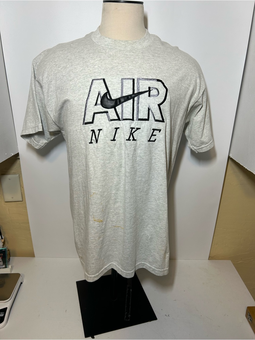 Nike AIR Logo Short Sleeve Tee - Light Gray vintage with paint stains pictured
